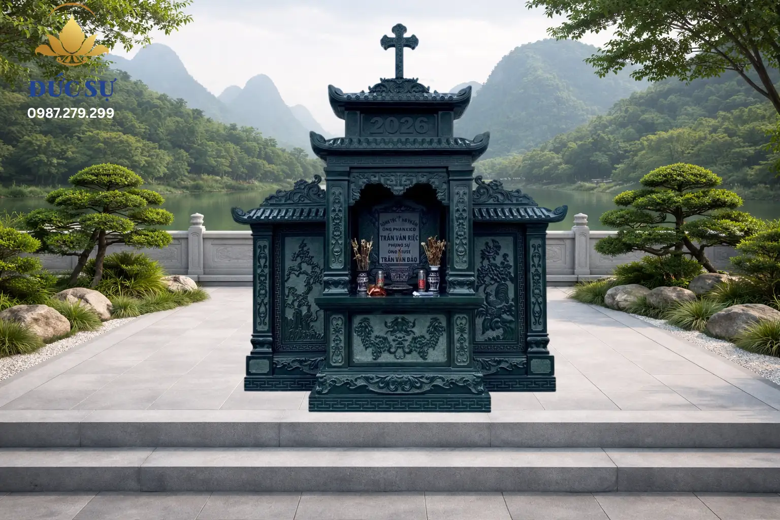 Lăng Mộ Đá Công Giáo Xanh Đen-DS045