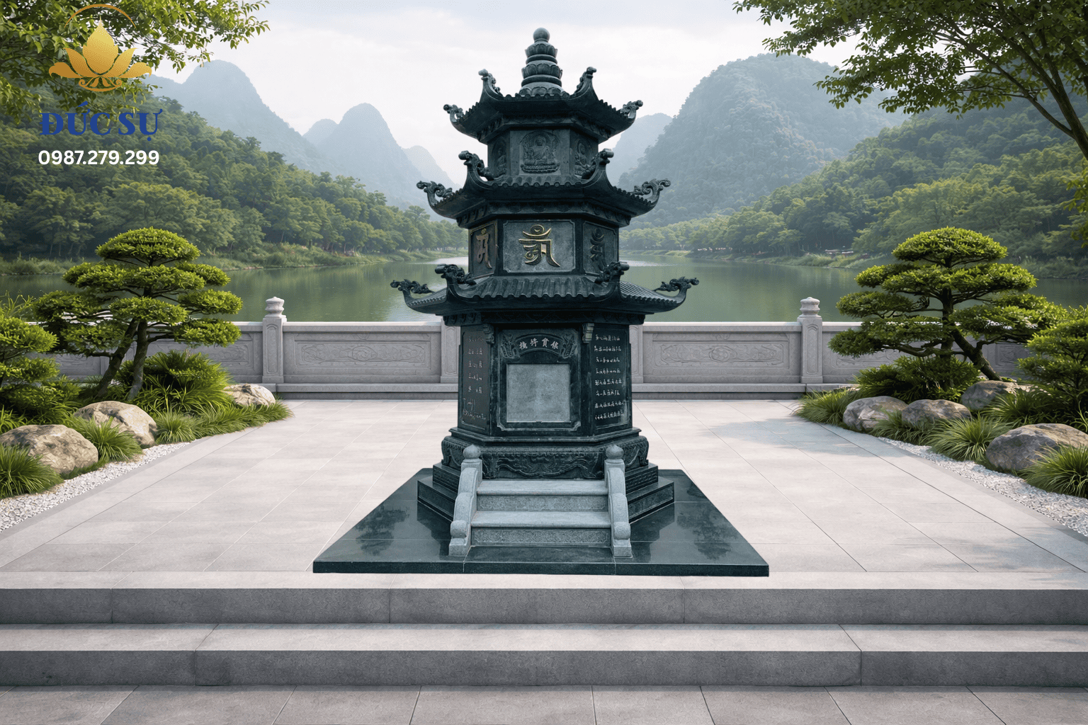 Lăng Mộ Đá Phật Giáo Xanh Đen DS047